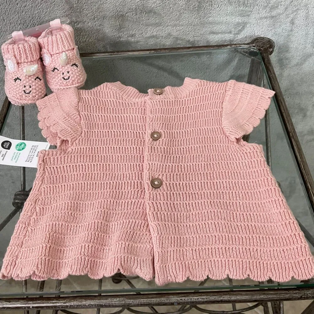 NWT Carter's Baby Girls' Newborn Pink Unicorn Knit  Cotton Booties & top 2pc set